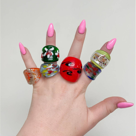 Orange Gold Crackle Art to Wear Glass Blown Multi-Color Statement Cocktail Ring - Picture 5 of 5